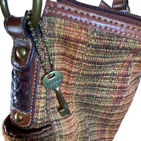 Fossil Shoulder Bag 16 inch Drop 3 Inside Pockets Plaid Fabric Brown Red Orange - Picture 8 of 8